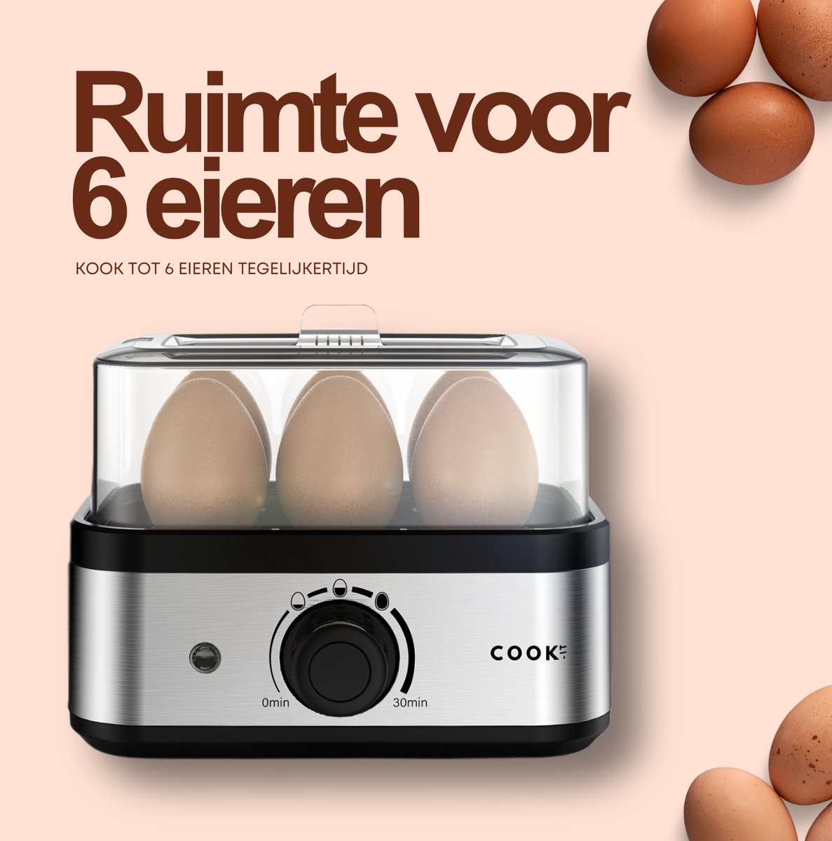Eierkoker Elektrisch - Roestvrijstaal- Instelbare Timer - Plek voor 6 eieren