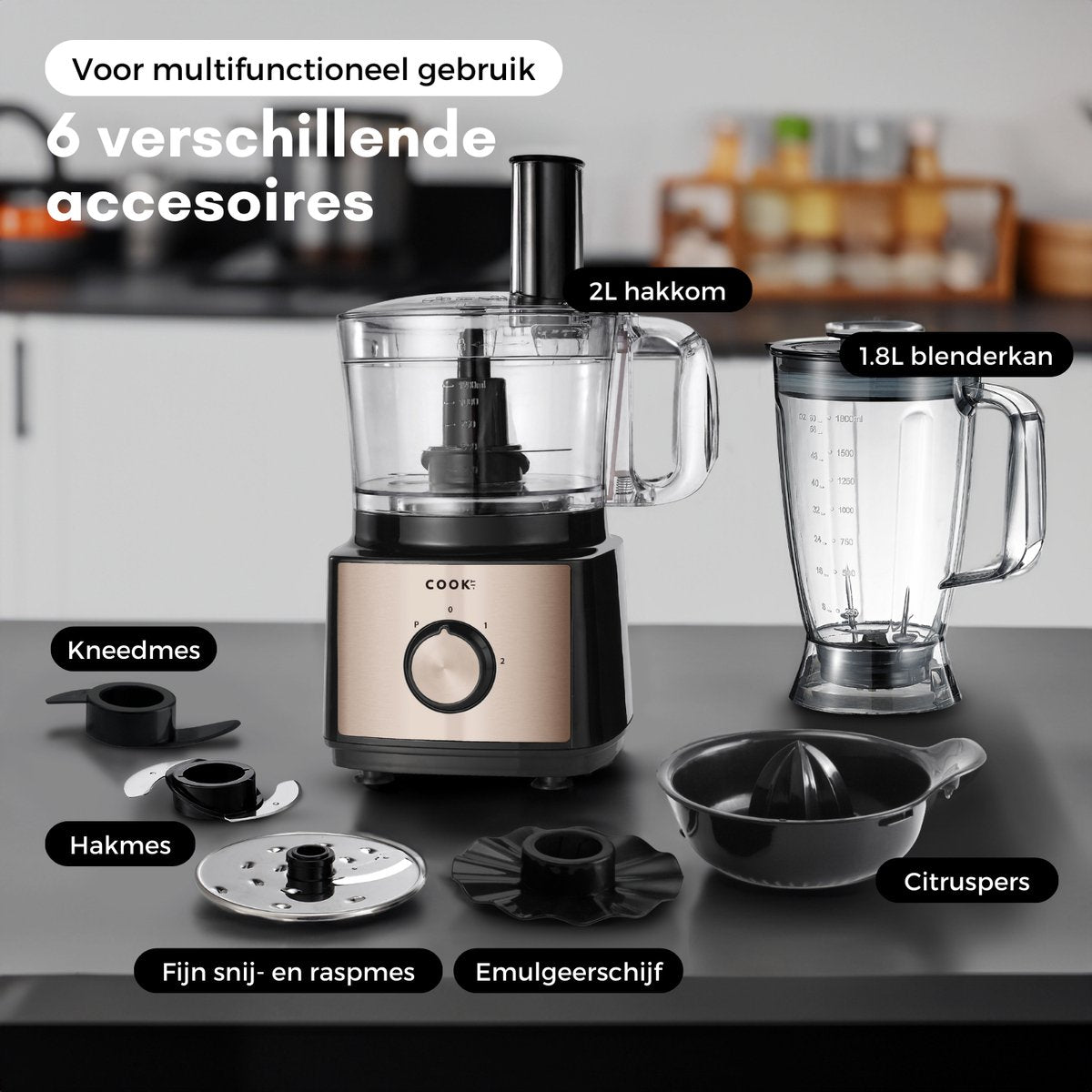 6-1 Foodprocessor en Blender - 2L Hakmolen - Luxe Keukenmachine