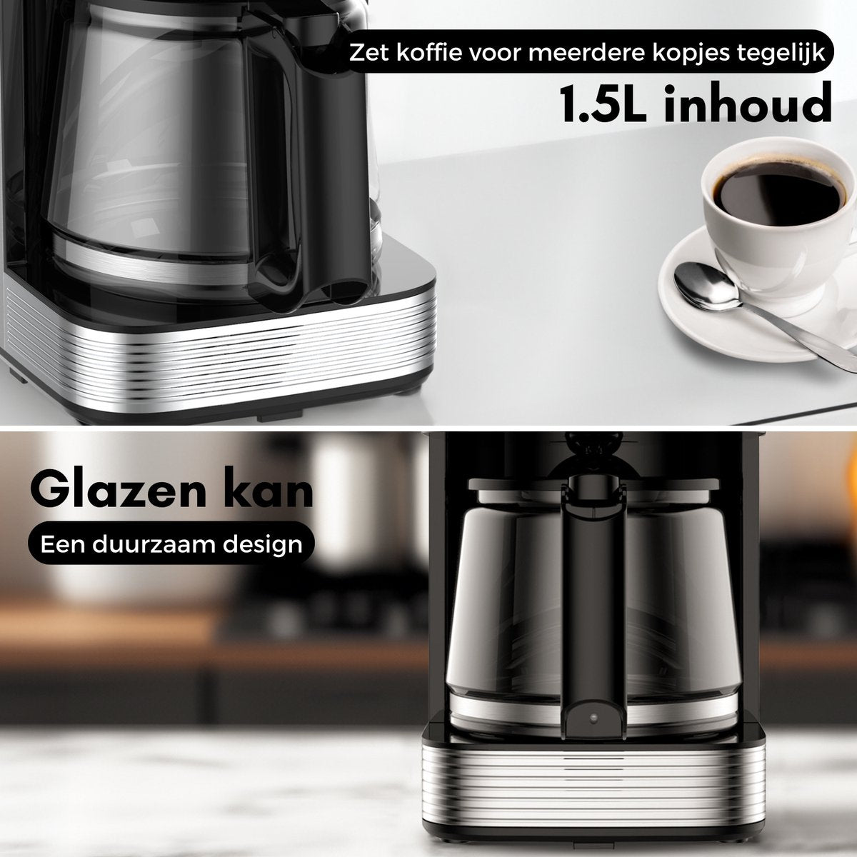 Koffiezetapparaat Filterkoffie - Coffee Machine - 1.5L Glazen Kan - Timer - Digitaal display - Warmhoudplaat