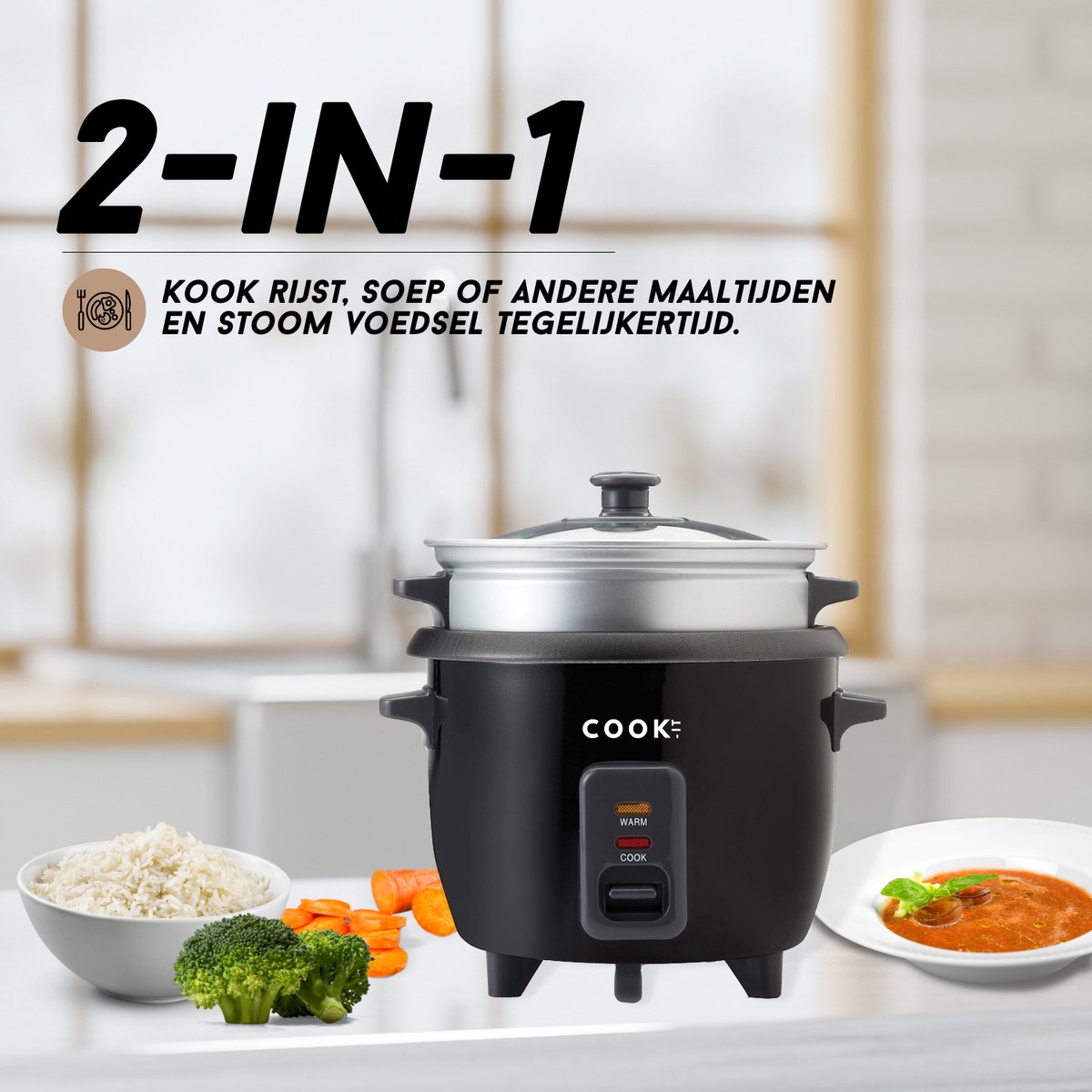 COOK-IT Rijstkoker met Stomer 1.5L - Rijst voor het hele gezin!