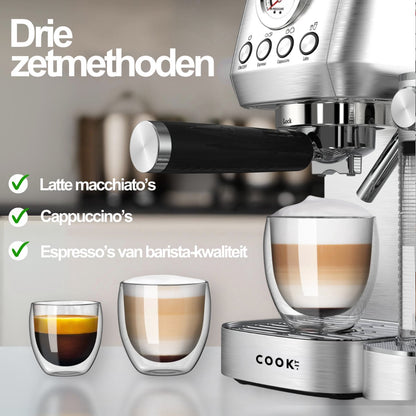 Espressomachine 20 Bar - Koffiemachine met Automatische Melkopschuimer - Pistonmachine Cappuccino & Latte - Italiaanse pomp - Vol RvS