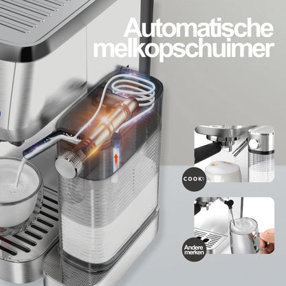 Espressomachine 20 Bar - Koffiemachine met Automatische Melkopschuimer - Pistonmachine Cappuccino & Latte - Italiaanse pomp - Vol RvS