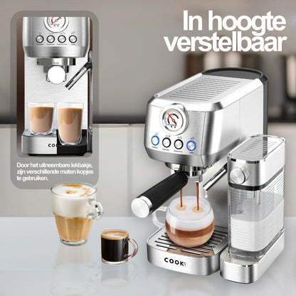 Espressomachine 20 Bar - Koffiemachine met Automatische Melkopschuimer - Pistonmachine Cappuccino & Latte - Italiaanse pomp - Vol RvS