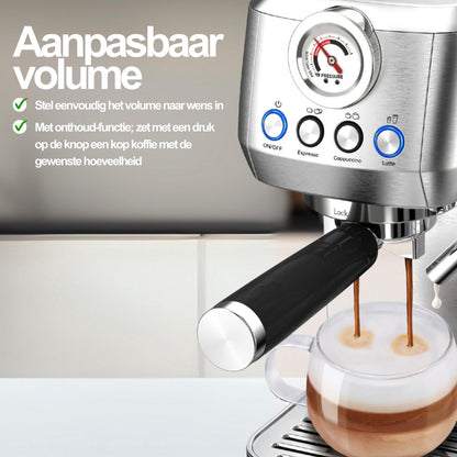 Espressomachine 20 Bar - Koffiemachine met Automatische Melkopschuimer - Pistonmachine Cappuccino & Latte - Italiaanse pomp - Vol RvS