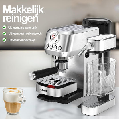 Espressomachine 20 Bar - Koffiemachine met Automatische Melkopschuimer - Pistonmachine Cappuccino & Latte - Italiaanse pomp - Vol RvS