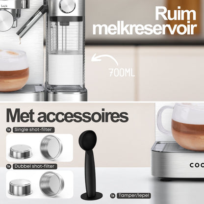 Espressomachine 20 Bar - Koffiemachine met Automatische Melkopschuimer - Pistonmachine Cappuccino & Latte - Italiaanse pomp - Vol RvS