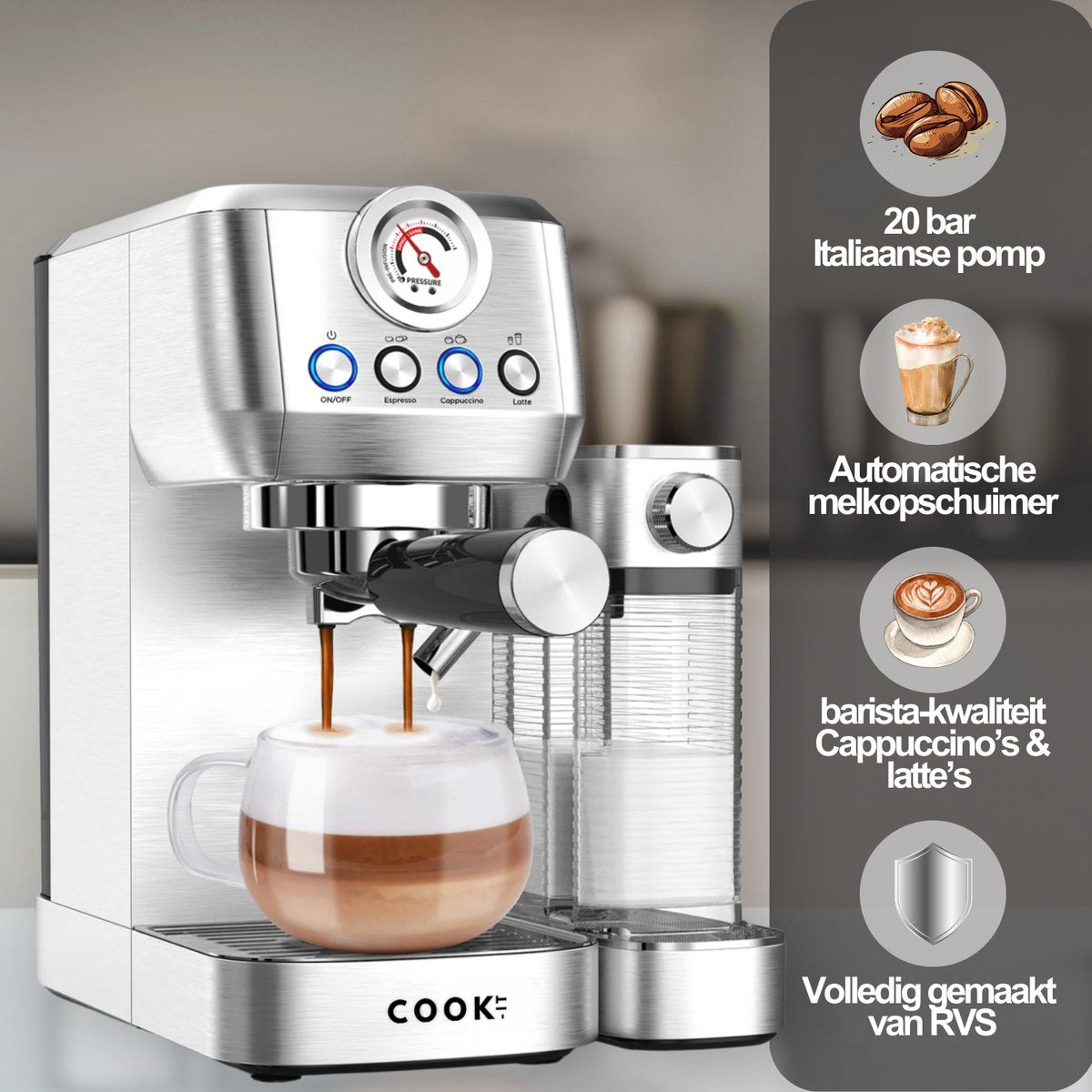 Espressomachine 20 Bar - Koffiemachine met Automatische Melkopschuimer - Pistonmachine Cappuccino & Latte - Italiaanse pomp - Vol RvS