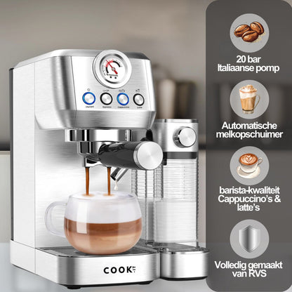 Espressomachine 20 Bar - Koffiemachine met Automatische Melkopschuimer - Pistonmachine Cappuccino & Latte - Italiaanse pomp - Vol RvS