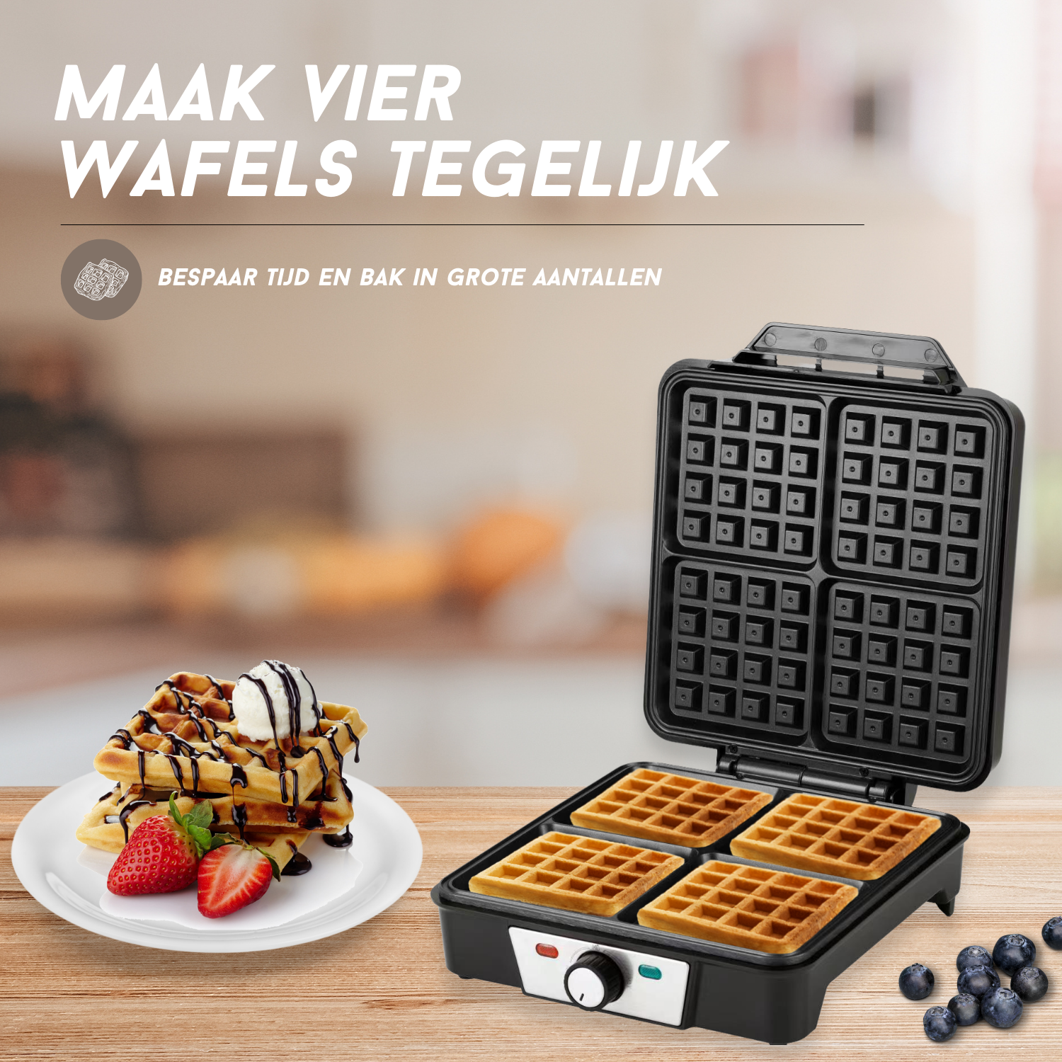 COOK-IT Wafelijzer - Bak vier wafels tegelijk, Waffle Party!